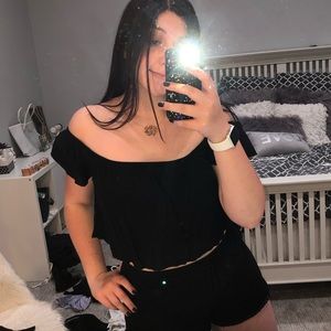 Black short sleeve off the shoulder crop top